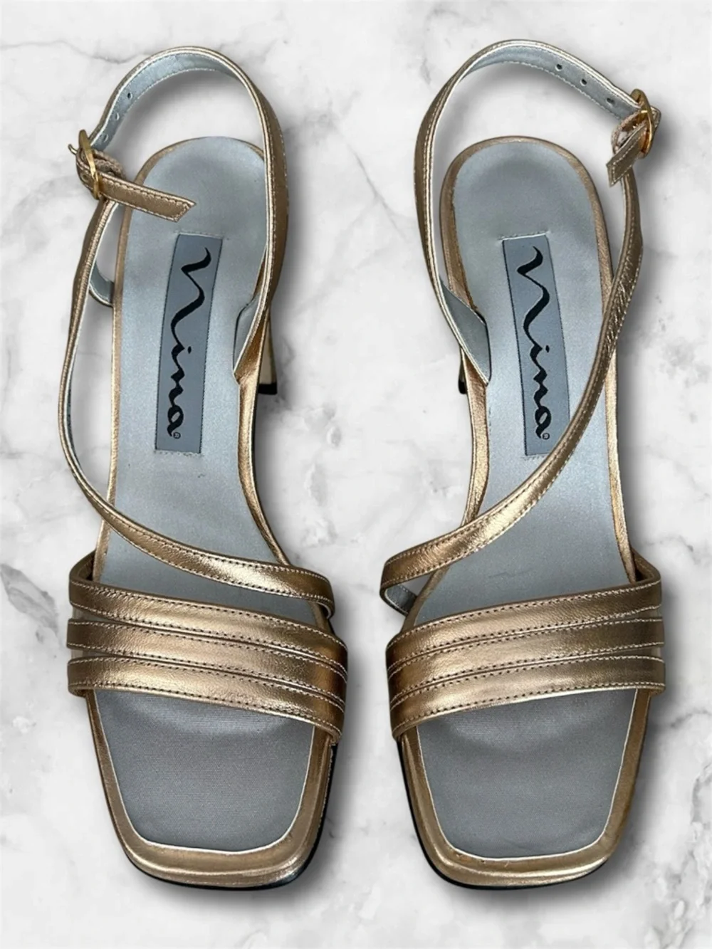 Nina Gold Metallic Strappy Slingback Sandals Block Heel Vintage Y2K Size 6.5